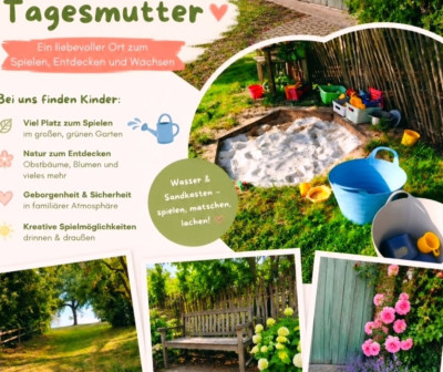 ... mit Sandkiste, Matschküche,Hühnern, Trampoli.